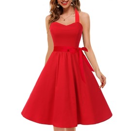 Topdress Women's Vintage Polka Audrey Dress 1950s Halter Retro Cocktail Dress Red S