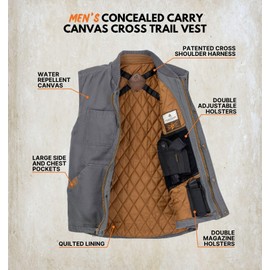 Legendary Whitetails Mens Concealed Carry CCW Vest with Two Holsters Water-Repellent Canvas Insulated, Charcoal, 2XL
