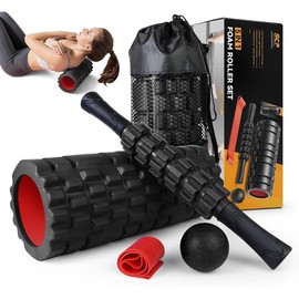 5 in1 Foam Roller Set, Trigger Point Foam Roller, Massage Roller Stick, Massage Ball, Resistance Band for Deep Muscle Massage Pilates Yoga,Fitness Exercise for Whole Body (Orange-Black) - Color: Black-red