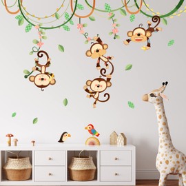 DECOWALL DW-1507S Monkeys on Vine Kids Wall Stickers Decals Peel and Stick Removable for Nursery Bedroom Living Room Art murals Decorations