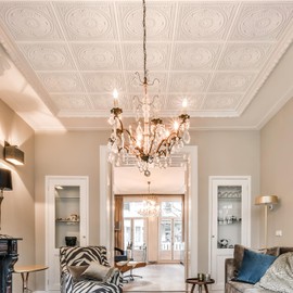 STICKGOO Drop Ceiling Tiles 24"x24", PVC Panels Plastic Ceiling Tiles Waterproof Reusable, Covers 48 Sq.Ft., Baroque Decorative Ceiling Tiles for Home & Commercial Use (Pack of 12, White)