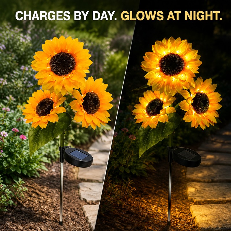 3-Head Solar Sunflower LED Garden Light with Warm Lighting
