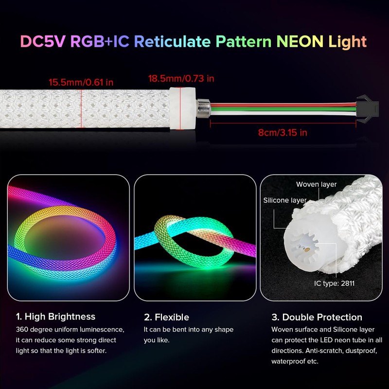 BTF-LIGHTING 16.4FT WS2811 WS2812B IC RGB DC5V 360 Degree Round
