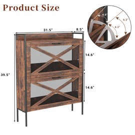 Rovibek Shoe Cabinet Storage for Entryway - Wood Narrow Shoe Storage Cabinet with 2 Flip Drawers & Mesh Doors, Adjustable Shelves, Slim Shoe Cabinet for Entryway, Hallway, Rustic Brown