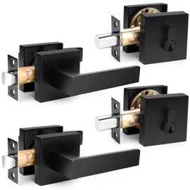Probrico Flat Black Passage Door Lever with Double Cylinder Deadbolt Combo Keyed Alike, Modern Square Lock Set Handleset,Exterior Door Handle and Deadbolts Set,Exterior Door Lever Passage 2 Pack