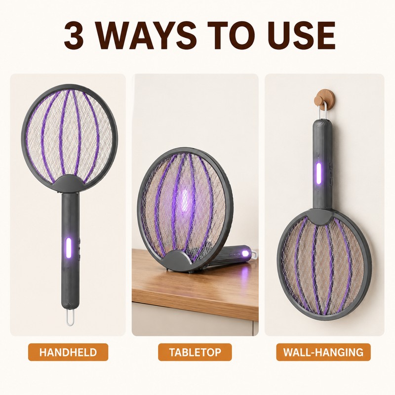 3-in-1 Foldable Rechargeable Electric Mosquito Swatter with Wall-Mount Mode