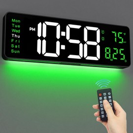 16" Large Digital Wall Clock with Remote Control, Large Display with Night Light, DST, Date, Week, Temperature, Dimmer, Dual Alarm, Plug in LED Wall Digital Clocks for Living Room Decor (Green)