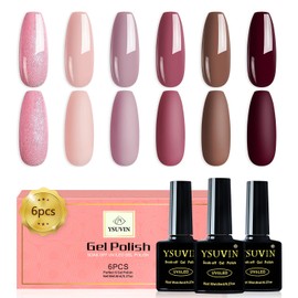 YSUVIN Semi-Permanent Nail Polish, 6 Colors Pink Skin Color Brown Curry Semi-Permanent Nail Polish Kit, Soak Off UV/LED Lamp Nail Polish DIY Manicure Nail Art Set, 8ml