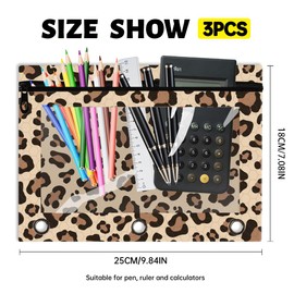 Hobbspring 3pcs 3 Ring Binder Pouch 25x18cm Leopard Print Pencil Case with Zipper Clear Window Cheetah Spots Pencil Binder Pockets for Office School Travel Daily Cosmetic Supplies