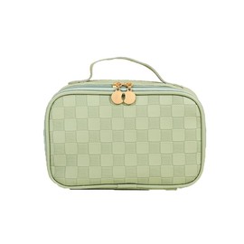 FIORDY Travel Makeup Bag for Women, PU Leather Waterproof Checkered Cosmetic Bags, Portable Pouch Open Toiletry Bag, Make up Organizer with Handle, Green