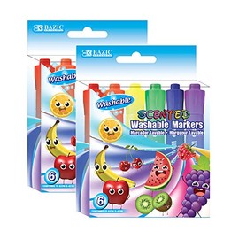 BAZIC Washable Fruit Scented Markers Broad Line 6 Color, Chisel Tip Broad Fine Line, Non Toxic Marcadorc Art School Supplies (6/Pack), 2-Packs