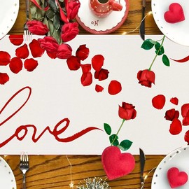 mdgfge Valentines Table Runner Red Rose Petal Love Letter Decorative Romantic Farmhouse Table Decoration for Anniversary Engagement Indoor Table Dinning Party (13 x 72 Inch)
