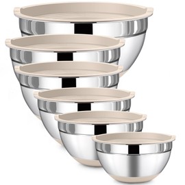 LIANYU Stainless Steel Mixing Bowls Set with Airtight Lids, 6 Piece Nesting Metal Bowls for Kitchen Baking Cooking Serving Food Storage, Size 7, 3.5, 2.5, 2, 1.5, 1QT, Non-slip Bottom, Khaki