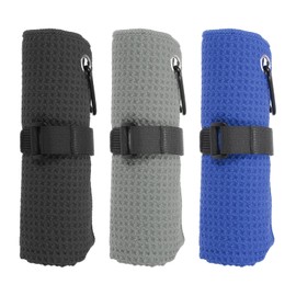 PATIKIL 20"x16" Microfiber Golf Towel, 3 Pack Tri-Fold Golf Towels Waffle Pattern Towels Absorption with D Clip, Hook and Loop Fastener, Black/Gray/Blue
