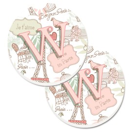 Caroline's Treasures Letter W Love in Paris Pink Set of 2 Cup Holder Car Coasters CJ2002-WCARC, 2.56, Multicolor