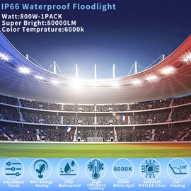 chhmlmszm Stadium Lights Outdoor Led Flood Lights (800W*1 80000LM 6000K IP66 Super Bright Floodlight with Wider Lighting Angle for Garage,Garden,Lawn,Yard,Parking Lot