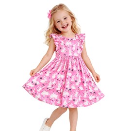 Toddler Girls Easter Bunny Dress Pink Cotton Spring Dress Cute Rabbit Print Easter Egg Hunt Twirl Dress Casual Dress for Girls 2-7 Years