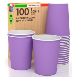 Pack of 100 Paper Cups 200 ml Eco Friendly Biodegradable Disposable Made in Italy Outdoor Warm Drinks Colourful Water Made and Packed in Italy
