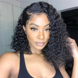 Flower Shadow Water Wave Short Bob Wig Human Hair 13x4 Hd Lace Front Wigs Human Hair Pre Plucked 200% Density Deep Curly Lace Frontal Wig for Black Women Glueless 12 INCH Natural Black