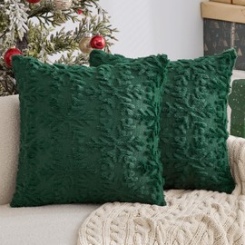 Woaboy Dark Green Throw Pillow Covers Set of 2 Christmas Snowflakes Decorative Pillow Covers 18x18 Inch Soft Plush Faux Wool Pillow Pillowcase Farmhouse Couch Pillows Home Decors for Sofa Livingroom