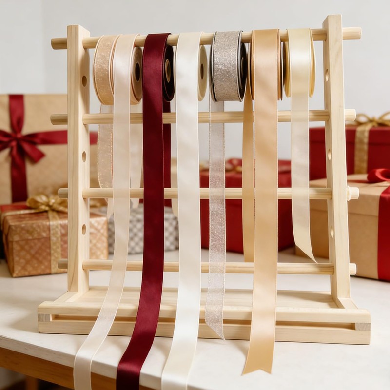 Nudaoz Wooden Craft Organizer 15.75 Inch, Ribbon Spool Holder Storage