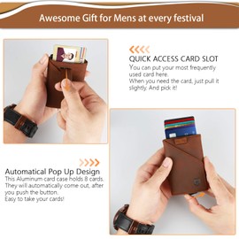 DODENSHA Card Holders Wallet, Speed Wallet Genuine Leather, Wallets Mens Slim Wallets Minimalist Wallet RFID Blocking with Pop Up Metal Bank Card Case, Large Coins Pocket, Can Holds 7-8 Cards