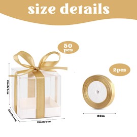 Hxezoc 50 Pack Favor Boxes 2x2x2 Inches Clear Candy Treat Boxes with Gold Ribbons, Mini Plastic Gift Boxes for Wedding, Birthday Party, Baby Shower, Classroom Decoration Supplies