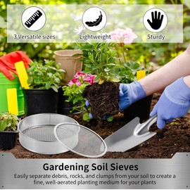 10in Soil Sifter Garden Riddle Sieve Set, Contain 3 Sieve Mesh, Gardening Sieve for Soil and Stones,Fine Mesh Sieve for Topsoil, Metal Dirt Strainer Dirt Trapping Beach Sand Gravel Sift