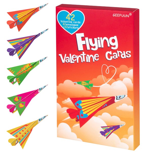 Geefuun Valentine's Day Cards - 42 Paper Airplane Cards + 42 Envelopes+ 132 Stickers Heart Crafts School Classroom Exchange Party Gift Favor
