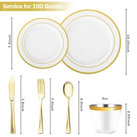 N9R 600PCS Disposable Plastic Plates, Gold Plastic Dinnerware Set Includes 100 Dinner Plates, Dessert Plates, Cups, Spoons, Forks, Knives for 100 Guests, Perfect for Party, Wedding, Birthday
