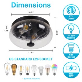 Rosient Motion Sensor Outdoor Ceiling Light, Black Modern Design Ceiling Light Fixture with Ripple Glass for Porch, Garage, Patio, Hallway, Entryway, Energy Efficient (2 Blub Needed)