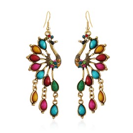 Peasimy Vintage Bohemian Peacock Teardrop Tassel Dangle Drop Earrings for Women Sparkling Crystal Phoenix Bird Statement Earrings Jewelry (Color)
