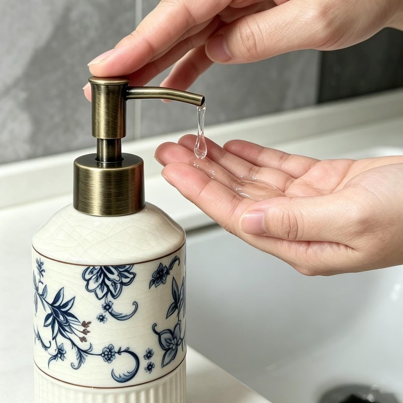 Blue Floral Ceramic Soap Dispenser 8.8Oz with Pump