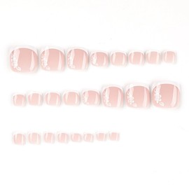 French Press on Toes Nails Short Nude Pink Toe Nails Press on White Flower Fake Toe Nails Artificial Glossy Toe Nails Acrylic Full Cover False Toenails for Women