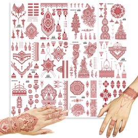12 Sheets Red Brown Tattoos Sticker, Mandala Flower Tattoo Stickers Waterproof Indian Brown Lace Tattoo,Temporary Set,For Women Girls,Diy Body Neck Chest Arms Legs
