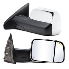 ReYee Upgraded Type Towing Mirrors fit for 2002-2008 Dodge Ram 1500 2003-2009 Dodge Ram 2500 3500 Tow Mirror with Heated Power Adjust Puddle Light LED Arrow Signal Manual Folding Chrome Cover