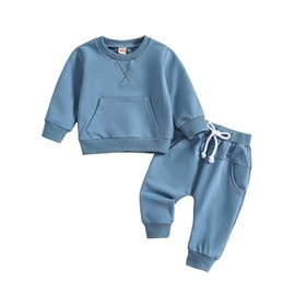 Baby Boy Clothes Toddler Boy Outfits 2-piece Cotton Baby Boys Top and Pants Set for Fall Winter, Dusty Blue, 6-9 Months