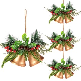 Tioncy Christmas Bell Hanging Ornaments 8.7" Large Rustic Christmas Metal Bell Decoration Xmas Hanging Decorative Bell with Christmas Red Berry for Christmas Wreath Tree Door Decor(Vintage Gold,4 Pcs)