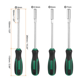 HARFINGTON 4pcs Metric Nut Driver 5mm 5.5mm 6mm 7mm Dia 150mm Round Shank CR-V 6 Point Hex Hexagon Socket Wrench Screwdriver with Non-Slip Handle for Tightening and Loosening Fasteners