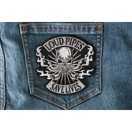 Loud Pipes Save Lives Skull and Pipes Patch, Biker Skull Patches