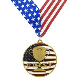 Decade Awards 1st Place Patriotic Engraved Medal, Gold - 2.75 Inch Wide First Place Medallion with Stars and Stripes American Flag V Neck Ribbon - Customize Now