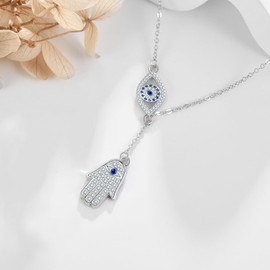 YAFEINI Evil Eye Hamsa Necklace 925 Sterling Silver Evil Eye and Hamsa Pendant Necklace Lucky Protection Amulet Jewellery for Women, Silver