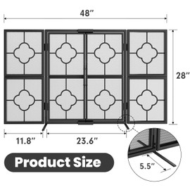 Amagabeli 3 Panel Fireplace Screen with Doors 48" W x 28" H Foldable Wrought Iron Heavy Duty Metal Modern Decorative Fireplace Spark Guard Cover Handcrafted Solid Mesh Stand Alone Screen for Fire