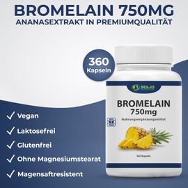 Bromelain hochdosiert 750MG | 360 Kapseln - XXL Vorrat | Magensaftresistent - 5.000 F.I.P bzw. 2.500 gdu/g pro 2 Kapseln (Tagesdosis) - Bromelain Kapseln Vegan