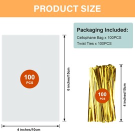 ZHEWTOEN 100 Pcs 4x6 Inch Clear Cellophane Bags with Color Twist Ties, Plastic Goodie Cello Treat Bags for Candy, Cookies, Popcorn, Small Gift Wrapping, Party Favors, Bakery Packaging
