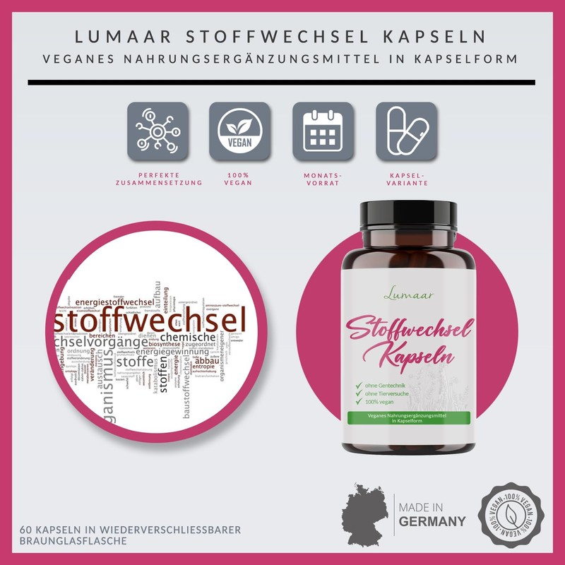 Stoffwechsel Kapseln mit Chlorella, Bakterienkulturen, Beta-Glucane und Eichhasefruchtkörper-Extrakt im Glasbehälter