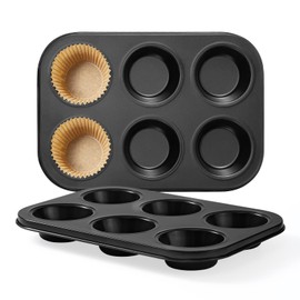 HULBy Muffin Pan 2-Pack, 6-Cup Cupcake Pans and Muffin Tins with Nonstick Coating, 10.43"x7.28"x1.1" with 2.56" Cups, for Muffins, Cupcakes, Brownies, Cheesecake, Carbon Steel, Easy Clean, Oven Safe