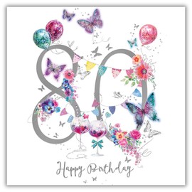 Noel Tatt 80th Birthday Card for Women - Elegant Floral Butterfly Design - Pretty 80th Birthday Greeting Card for Her