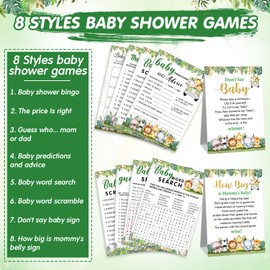 Jetec 407 Pcs Safari Animal Baby Shower Games, 8 Games, Baby Shower Bingo, Word Scramble, Word Search, Predictions and Advice, The Price is Right, Guess Who, How Big is Mommy's Belly, Don't Say Baby
