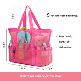 TOPASION - Bolsa grande de malla para playa, ligera, para juguetes de arena, bolsas de comestibles, bolsas de compras reutilizables, Rosa Rojo